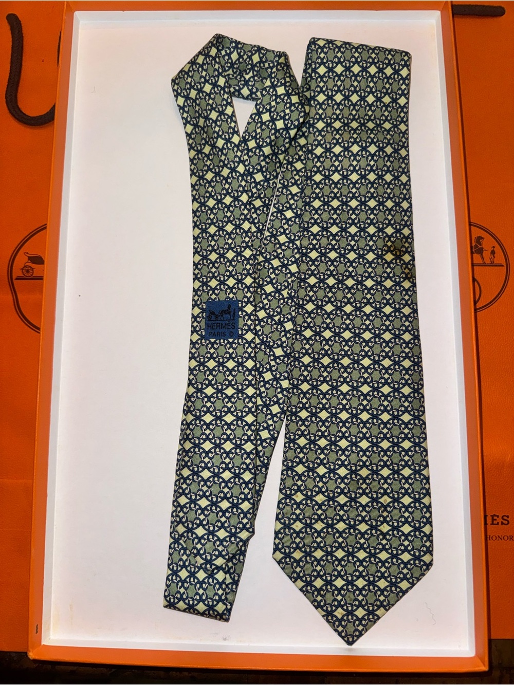 Hermes Green and Navy Tie with Geometric Pattern